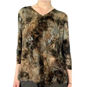White Stag Women's Brown Print V-Neckline 3/4 Sleeve Pullover Blouse Size Large